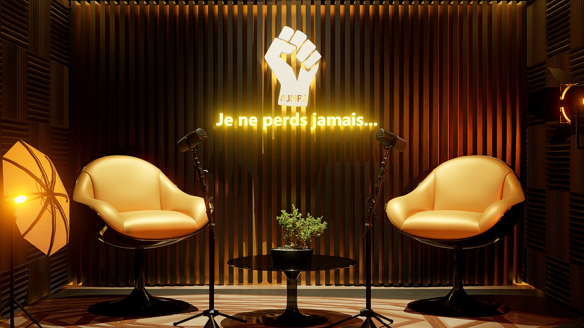 Studio noir et or du podcast Je ne perds jamais, fauteuils dorés et néon Je ne perds jamais
