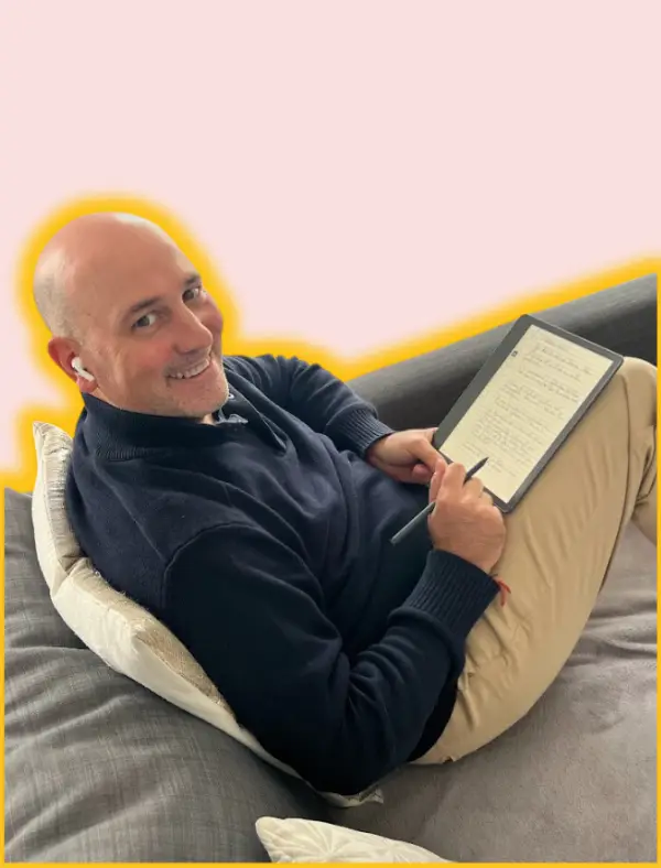 Patrick de Carvalho writing on a tablet